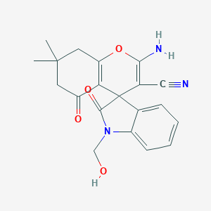 molecular formula C20H19N3O4 B433492 2-Amino-1'-(hydroxymethyl)-7,7-dimethyl-2',5-dioxospiro[6,8-dihydrochromene-4,3'-indole]-3-carbonitrile CAS No. 352663-15-1