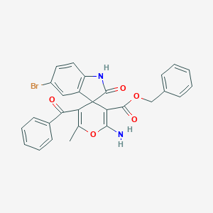 molecular formula C28H21BrN2O5 B433506 benzyl 2'-amino-5'-benzoyl-5-bromo-6'-methyl-2-oxospiro[1H-indole-3,4'-pyran]-3'-carboxylate CAS No. 352663-41-3