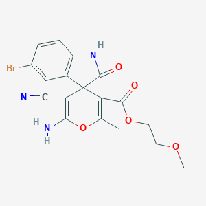 molecular formula C18H16BrN3O5 B433520 2-methoxyethyl 6'-amino-5-bromo-5'-cyano-2'-methyl-2-oxospiro[1H-indole-3,4'-pyran]-3'-carboxylate CAS No. 445222-97-9