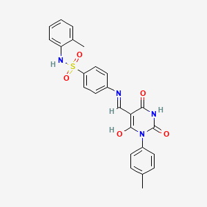 molecular formula C25H22N4O5S B4335420 N-(2-METHYLPHENYL)-4-({[1-(4-METHYLPHENYL)-2,4,6-TRIOXOTETRAHYDRO-5(2H)-PYRIMIDINYLIDEN]METHYL}AMINO)-1-BENZENESULFONAMIDE 