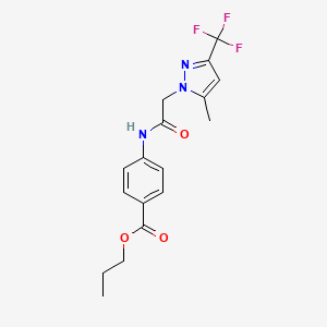 molecular formula C17H18F3N3O3 B4335458 PROPYL 4-({2-[5-METHYL-3-(TRIFLUOROMETHYL)-1H-PYRAZOL-1-YL]ACETYL}AMINO)BENZOATE 