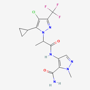 molecular formula C15H16ClF3N6O2 B4335570 4-({2-[4-chloro-5-cyclopropyl-3-(trifluoromethyl)-1H-pyrazol-1-yl]propanoyl}amino)-1-methyl-1H-pyrazole-5-carboxamide 