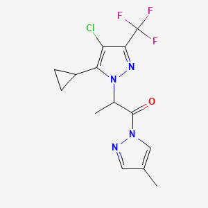 molecular formula C14H14ClF3N4O B4335598 2-[4-CHLORO-5-CYCLOPROPYL-3-(TRIFLUOROMETHYL)-1H-PYRAZOL-1-YL]-1-(4-METHYL-1H-PYRAZOL-1-YL)-1-PROPANONE 