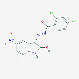 molecular formula C16H10Cl2N4O4 B433567 2,4-dichloro-N'-{5-nitro-7-methyl-2-oxo-1,2-dihydro-3H-indol-3-ylidene}benzohydrazide 