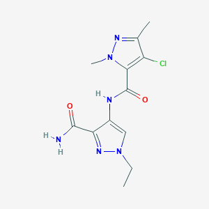 molecular formula C12H15ClN6O2 B4336141 N-[3-(AMINOCARBONYL)-1-ETHYL-1H-PYRAZOL-4-YL]-4-CHLORO-1,3-DIMETHYL-1H-PYRAZOLE-5-CARBOXAMIDE 