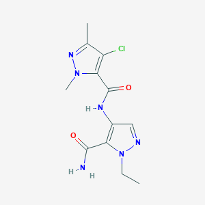 molecular formula C12H15ClN6O2 B4336153 N-[5-(aminocarbonyl)-1-ethyl-1H-pyrazol-4-yl]-4-chloro-1,3-dimethyl-1H-pyrazole-5-carboxamide 