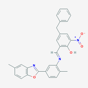 molecular formula C29H23N3O4 B433630 4-Benzyl-2-nitro-6-({[2-methyl-5-(5-methyl-1,3-benzoxazol-2-yl)phenyl]imino}methyl)phenol 