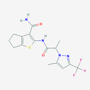 molecular formula C16H17F3N4O2S B4336619 2-({2-[5-methyl-3-(trifluoromethyl)-1H-pyrazol-1-yl]propanoyl}amino)-5,6-dihydro-4H-cyclopenta[b]thiophene-3-carboxamide 