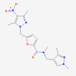 molecular formula C18H22N6O4 B4336657 5-[(3,5-dimethyl-4-nitro-1H-pyrazol-1-yl)methyl]-N-[(1,3-dimethyl-1H-pyrazol-4-yl)methyl]-N-methyl-2-furamide 