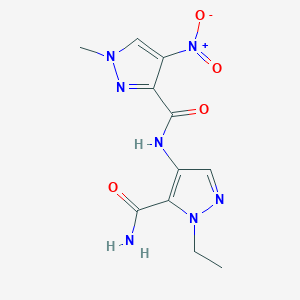 molecular formula C11H13N7O4 B4336668 N-[5-(aminocarbonyl)-1-ethyl-1H-pyrazol-4-yl]-1-methyl-4-nitro-1H-pyrazole-3-carboxamide 