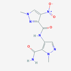 molecular formula C10H11N7O4 B4336688 N-[5-(aminocarbonyl)-1-methyl-1H-pyrazol-4-yl]-1-methyl-4-nitro-1H-pyrazole-3-carboxamide 