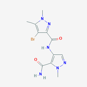 molecular formula C11H13BrN6O2 B4336691 N-[5-(aminocarbonyl)-1-methyl-1H-pyrazol-4-yl]-4-bromo-1,5-dimethyl-1H-pyrazole-3-carboxamide 