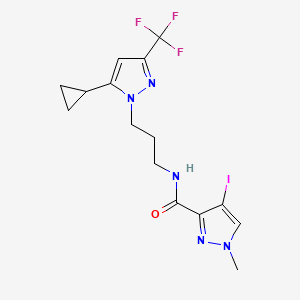 molecular formula C15H17F3IN5O B4336832 N-{3-[5-cyclopropyl-3-(trifluoromethyl)-1H-pyrazol-1-yl]propyl}-4-iodo-1-methyl-1H-pyrazole-3-carboxamide 