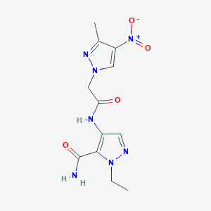 molecular formula C12H15N7O4 B4337063 1-ETHYL-4-{[2-(3-METHYL-4-NITRO-1H-PYRAZOL-1-YL)ACETYL]AMINO}-1H-PYRAZOLE-5-CARBOXAMIDE 