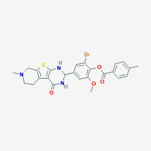 molecular formula C25H24BrN3O4S B433710 2-Bromo-6-methoxy-4-(7-methyl-4-oxo-1,2,3,4,5,6,7,8-octahydropyrido[4',3':4,5]thieno[2,3-d]pyrimidin-2-yl)phenyl 4-methylbenzoate CAS No. 353462-39-2