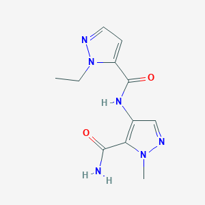 molecular formula C11H14N6O2 B4337111 4-{[(1-ethyl-1H-pyrazol-5-yl)carbonyl]amino}-1-methyl-1H-pyrazole-5-carboxamide 