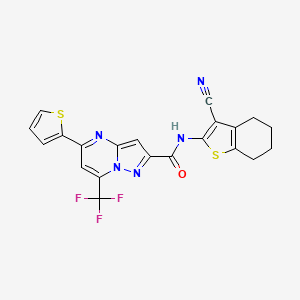 molecular formula C21H14F3N5OS2 B4337192 N-(3-CYANO-4,5,6,7-TETRAHYDRO-1-BENZOTHIOPHEN-2-YL)-5-(2-THIENYL)-7-(TRIFLUOROMETHYL)PYRAZOLO[1,5-A]PYRIMIDINE-2-CARBOXAMIDE 