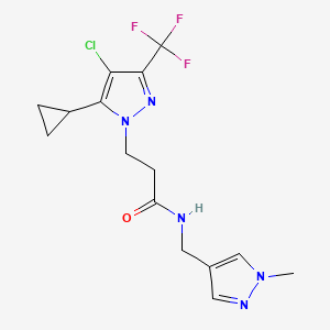 molecular formula C15H17ClF3N5O B4337299 3-[4-chloro-5-cyclopropyl-3-(trifluoromethyl)-1H-pyrazol-1-yl]-N-[(1-methyl-1H-pyrazol-4-yl)methyl]propanamide 