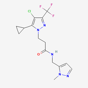 molecular formula C15H17ClF3N5O B4337321 3-[4-chloro-5-cyclopropyl-3-(trifluoromethyl)-1H-pyrazol-1-yl]-N-[(1-methyl-1H-pyrazol-5-yl)methyl]propanamide 