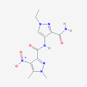 molecular formula C12H15N7O4 B4337343 N-[3-(aminocarbonyl)-1-ethyl-1H-pyrazol-4-yl]-1,5-dimethyl-4-nitro-1H-pyrazole-3-carboxamide 