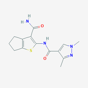 molecular formula C14H16N4O2S B4337416 N-[3-(AMINOCARBONYL)-5,6-DIHYDRO-4H-CYCLOPENTA[B]THIOPHEN-2-YL]-1,3-DIMETHYL-1H-PYRAZOLE-4-CARBOXAMIDE 