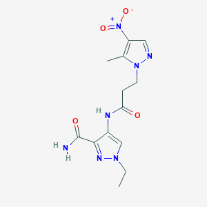 molecular formula C13H17N7O4 B4337574 1-ethyl-4-{[3-(5-methyl-4-nitro-1H-pyrazol-1-yl)propanoyl]amino}-1H-pyrazole-3-carboxamide 