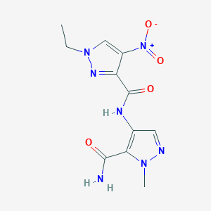 molecular formula C11H13N7O4 B4337595 N-[5-(aminocarbonyl)-1-methyl-1H-pyrazol-4-yl]-1-ethyl-4-nitro-1H-pyrazole-3-carboxamide 