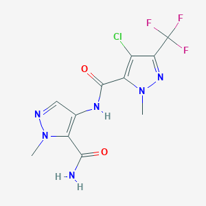 molecular formula C11H10ClF3N6O2 B4337797 N-[5-(aminocarbonyl)-1-methyl-1H-pyrazol-4-yl]-4-chloro-1-methyl-3-(trifluoromethyl)-1H-pyrazole-5-carboxamide 