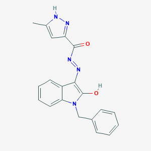 molecular formula C20H17N5O2 B433793 N'-(1-benzyl-2-oxo-1,2-dihydro-3H-indol-3-ylidene)-3-methyl-1H-pyrazole-5-carbohydrazide 