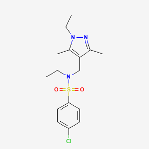 molecular formula C16H22ClN3O2S B4338198 4-CHLORO-N-ETHYL-N-[(1-ETHYL-3,5-DIMETHYL-1H-PYRAZOL-4-YL)METHYL]-1-BENZENESULFONAMIDE 