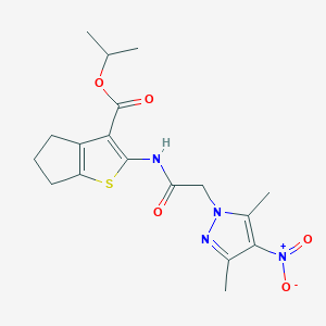 molecular formula C18H22N4O5S B4338356 ISOPROPYL 2-{[2-(3,5-DIMETHYL-4-NITRO-1H-PYRAZOL-1-YL)ACETYL]AMINO}-5,6-DIHYDRO-4H-CYCLOPENTA[B]THIOPHENE-3-CARBOXYLATE 