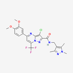 molecular formula C23H22ClF3N6O3 B4338434 3-chloro-5-(3,4-dimethoxyphenyl)-7-(trifluoromethyl)-N-[(1,3,5-trimethyl-1H-pyrazol-4-yl)methyl]pyrazolo[1,5-a]pyrimidine-2-carboxamide 