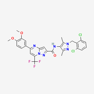 molecular formula C28H23Cl2F3N6O3 B4338612 N-[1-(2,6-dichlorobenzyl)-3,5-dimethyl-1H-pyrazol-4-yl]-5-(3,4-dimethoxyphenyl)-7-(trifluoromethyl)pyrazolo[1,5-a]pyrimidine-2-carboxamide 