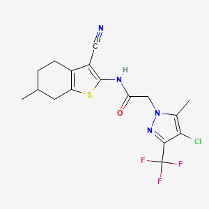 molecular formula C17H16ClF3N4OS B4339044 2-[4-chloro-5-methyl-3-(trifluoromethyl)-1H-pyrazol-1-yl]-N-(3-cyano-6-methyl-4,5,6,7-tetrahydro-1-benzothiophen-2-yl)acetamide 