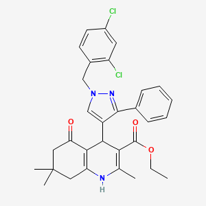 molecular formula C31H31Cl2N3O3 B4339267 ethyl 4-[1-(2,4-dichlorobenzyl)-3-phenyl-1H-pyrazol-4-yl]-2,7,7-trimethyl-5-oxo-1,4,5,6,7,8-hexahydro-3-quinolinecarboxylate 