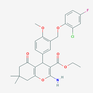 ethyl 2-amino-4-{3-[(2-chloro-4-fluorophenoxy)methyl]-4-methoxyphenyl}-7,7-dimethyl-5-oxo-5,6,7,8-tetrahydro-4H-chromene-3-carboxylate