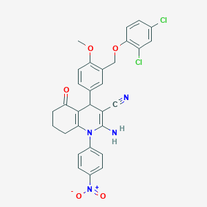 molecular formula C30H24Cl2N4O5 B4340522 2-amino-4-{3-[(2,4-dichlorophenoxy)methyl]-4-methoxyphenyl}-1-(4-nitrophenyl)-5-oxo-1,4,5,6,7,8-hexahydro-3-quinolinecarbonitrile 