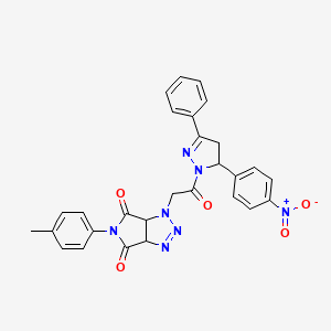 molecular formula C28H23N7O5 B4341292 5-(4-methylphenyl)-1-{2-[5-(4-nitrophenyl)-3-phenyl-4,5-dihydro-1H-pyrazol-1-yl]-2-oxoethyl}-3a,6a-dihydropyrrolo[3,4-d][1,2,3]triazole-4,6(1H,5H)-dione 