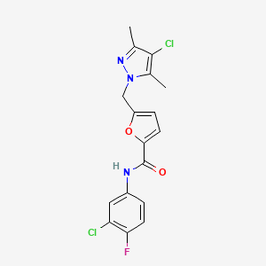 molecular formula C17H14Cl2FN3O2 B4341410 5-[(4-chloro-3,5-dimethyl-1H-pyrazol-1-yl)methyl]-N-(3-chloro-4-fluorophenyl)-2-furamide 