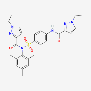 molecular formula C27H30N6O4S B4341572 1-ethyl-N-[(4-{[(1-ethyl-1H-pyrazol-3-yl)carbonyl]amino}phenyl)sulfonyl]-N-mesityl-1H-pyrazole-3-carboxamide 