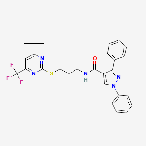 molecular formula C28H28F3N5OS B4341716 N-(3-{[4-tert-butyl-6-(trifluoromethyl)-2-pyrimidinyl]thio}propyl)-1,3-diphenyl-1H-pyrazole-4-carboxamide 