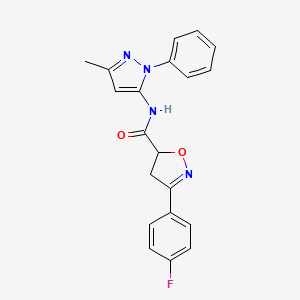 molecular formula C20H17FN4O2 B4341821 3-(4-fluorophenyl)-N-(3-methyl-1-phenyl-1H-pyrazol-5-yl)-4,5-dihydro-1,2-oxazole-5-carboxamide 