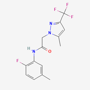 molecular formula C14H13F4N3O B4341904 N-(2-fluoro-5-methylphenyl)-2-[5-methyl-3-(trifluoromethyl)-1H-pyrazol-1-yl]acetamide 