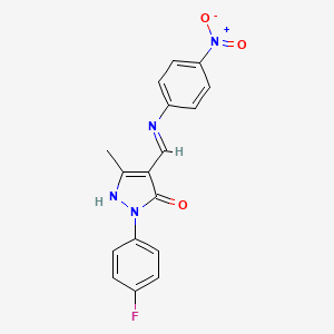 molecular formula C17H13FN4O3 B4341953 (4Z)-2-(4-fluorophenyl)-5-methyl-4-{[(4-nitrophenyl)amino]methylidene}-2,4-dihydro-3H-pyrazol-3-one 