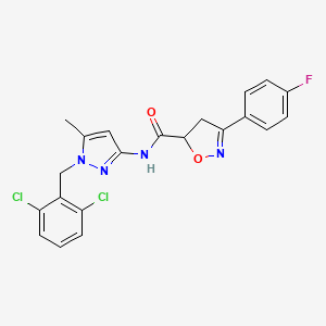 molecular formula C21H17Cl2FN4O2 B4342670 N-[1-(2,6-dichlorobenzyl)-5-methyl-1H-pyrazol-3-yl]-3-(4-fluorophenyl)-4,5-dihydro-5-isoxazolecarboxamide 