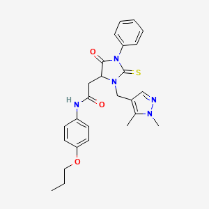 2-{3-[(1,5-dimethyl-1H-pyrazol-4-yl)methyl]-5-oxo-1-phenyl-2-thioxo-4-imidazolidinyl}-N-(4-propoxyphenyl)acetamide