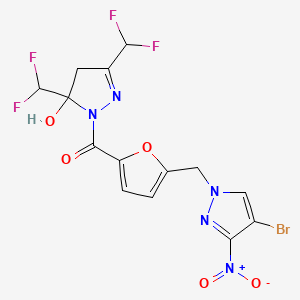 molecular formula C14H10BrF4N5O5 B4343396 [3,5-BIS(DIFLUOROMETHYL)-5-HYDROXY-4,5-DIHYDRO-1H-PYRAZOL-1-YL]{5-[(4-BROMO-3-NITRO-1H-PYRAZOL-1-YL)METHYL]-2-FURYL}METHANONE 