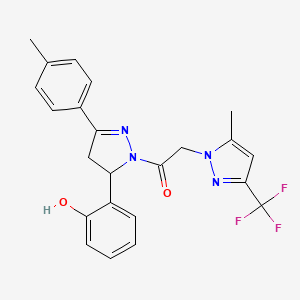 molecular formula C23H21F3N4O2 B4343493 1-[5-(2-HYDROXYPHENYL)-3-(4-METHYLPHENYL)-4,5-DIHYDRO-1H-PYRAZOL-1-YL]-2-[5-METHYL-3-(TRIFLUOROMETHYL)-1H-PYRAZOL-1-YL]-1-ETHANONE 