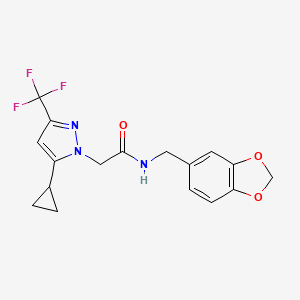 molecular formula C17H16F3N3O3 B4343554 N-(1,3-benzodioxol-5-ylmethyl)-2-[5-cyclopropyl-3-(trifluoromethyl)-1H-pyrazol-1-yl]acetamide 