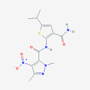 molecular formula C14H17N5O4S B4343666 N-[3-(aminocarbonyl)-5-isopropyl-2-thienyl]-1,3-dimethyl-4-nitro-1H-pyrazole-5-carboxamide 